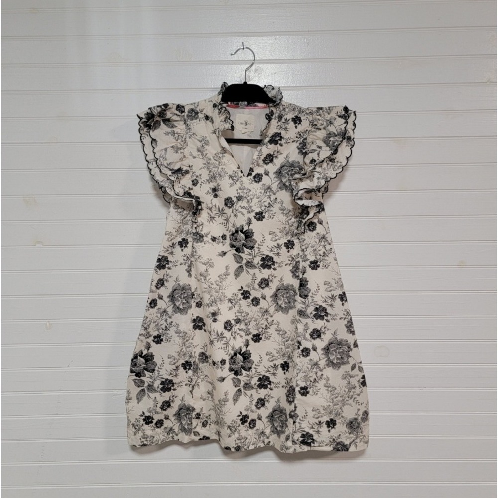 Umgee Floral Ruffle Sleeve Dress Cream Black Size Medium Cottage Prairie Pockets